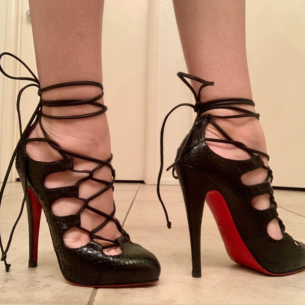 Christian Louboutins - Black Python Lace-Up Pumps